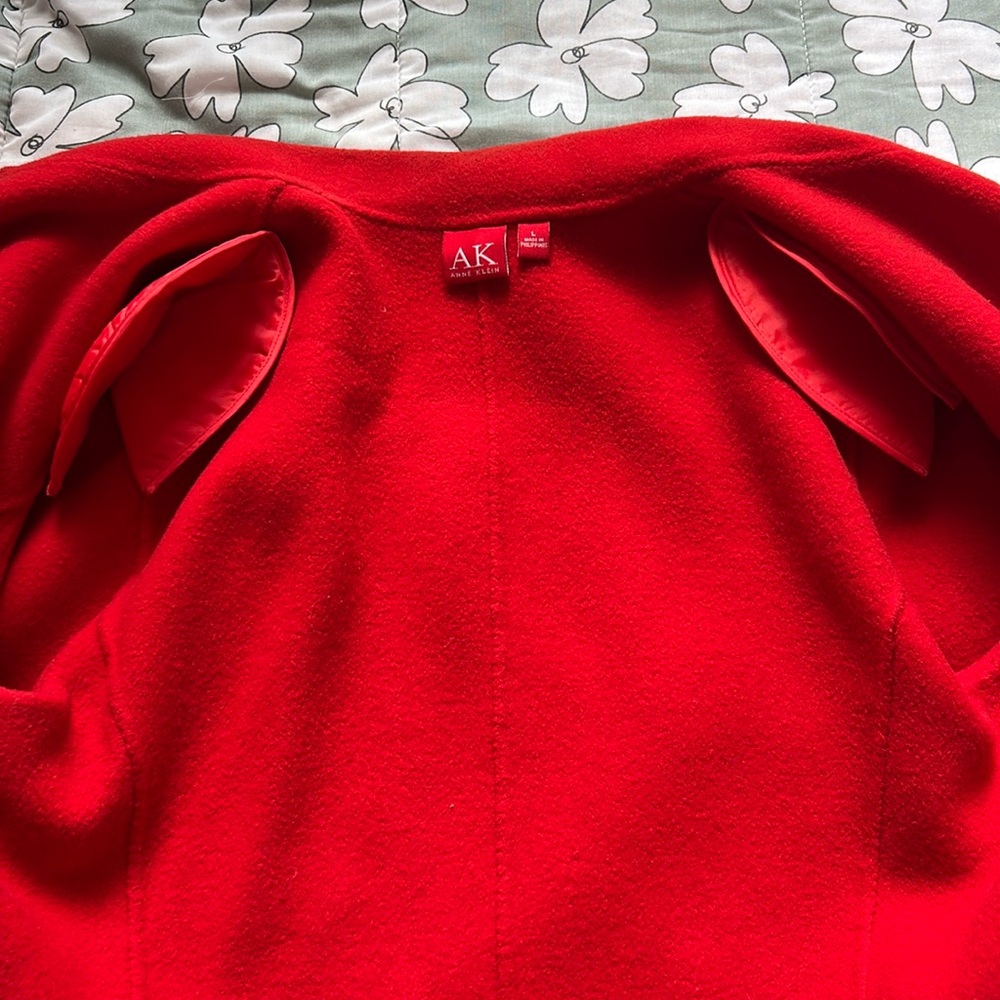AK Anne Klein Red Woolโ Blend Open Front Blazer Pockets Thick Festive Holiday L - Picture 11 of 17
